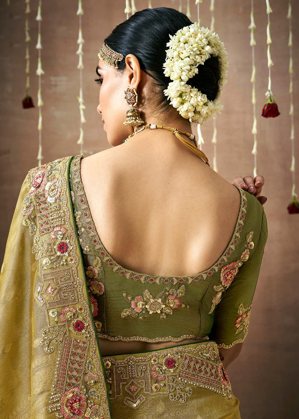 Buy Now Olive Green Embroidered Silk Wedding Wear Saree Online in USA, UK, France, Germany, Canada & Worldwide at Empress Clothing.