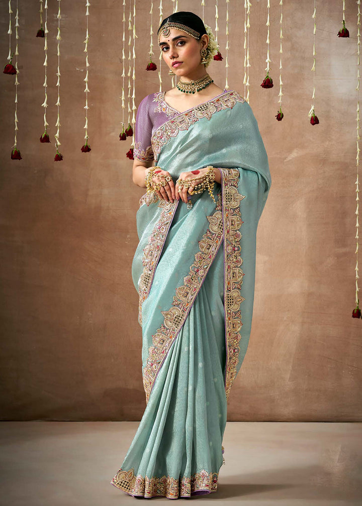 Buy Now Powder Blue Embroidered Silk Wedding Wear Saree Online in USA, UK, France, Germany, Canada & Worldwide at Empress Clothing.