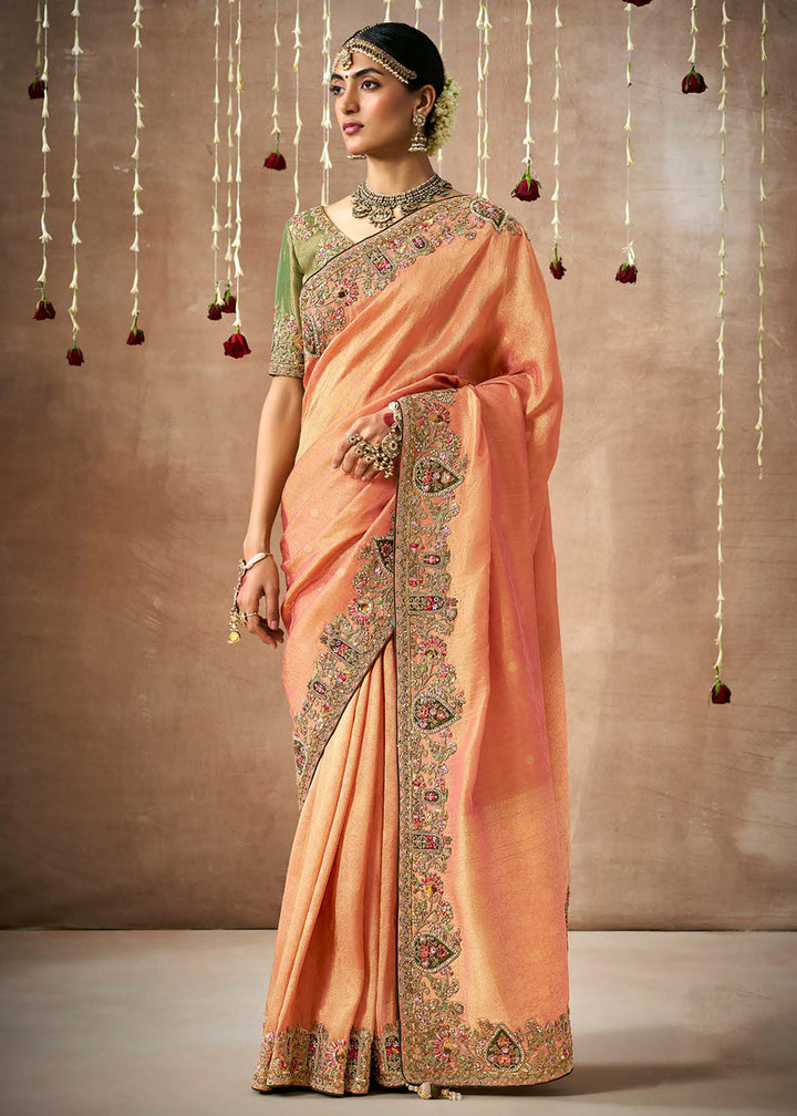 Buy Now Peachy Orange Embroidered Silk Wedding Wear Saree Online in USA, UK, France, Germany, Canada & Worldwide at Empress Clothing. 