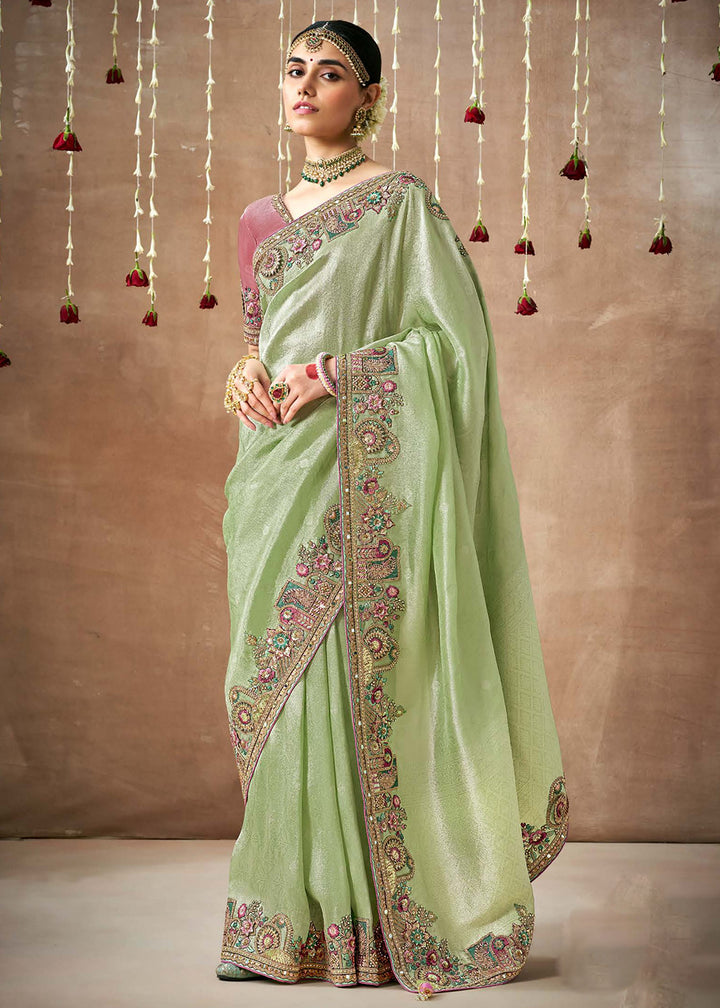 Buy Now Light Pista Embroidered Silk Wedding Wear Saree Online in USA, UK, France, Germany, Canada & Worldwide at Empress Clothing. 