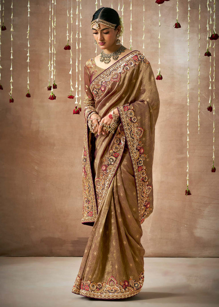 Buy Now Brown Embroidered Silk Wedding Wear Saree Online in USA, UK, France, Germany, Canada & Worldwide at Empress Clothing.