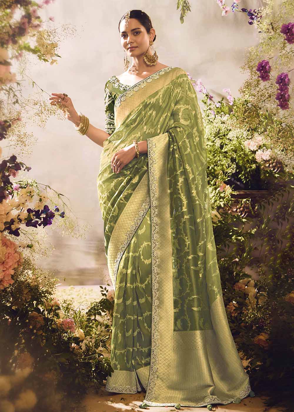 Buy Now Banarasi Silk Zari Tissue Green Festive Wear Saree Online in Canada, UK, France, Germany, UAE, USA & Worldwide at Empress Clothing.