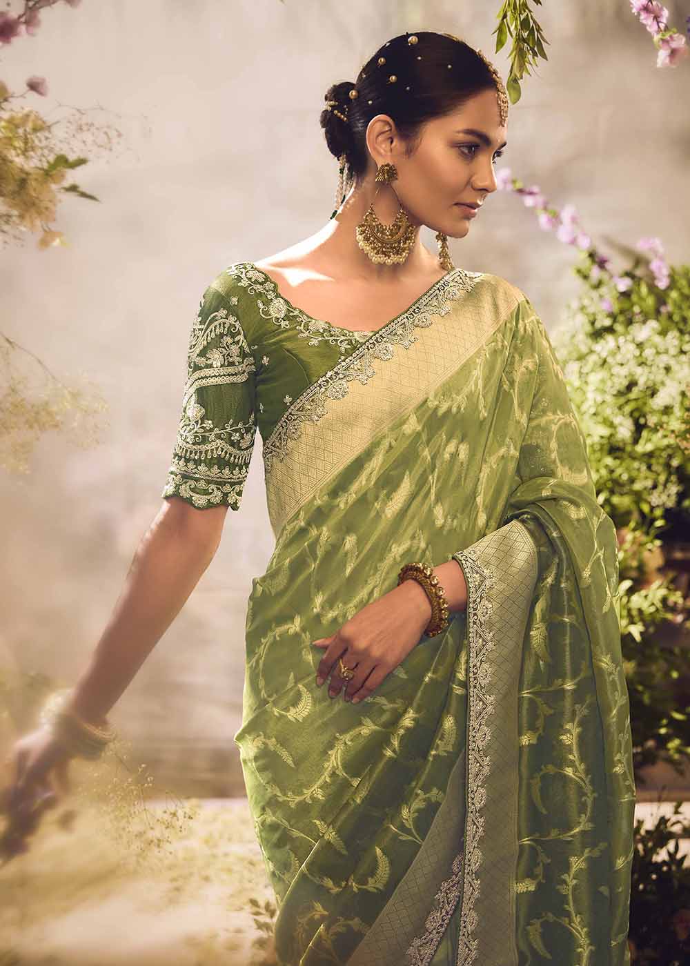 Buy Now Banarasi Silk Zari Tissue Green Festive Wear Saree Online in Canada, UK, France, Germany, UAE, USA & Worldwide at Empress Clothing.