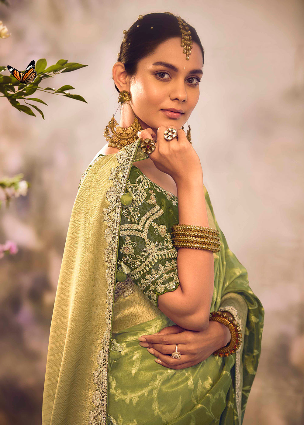 Buy Now Banarasi Silk Zari Tissue Green Festive Wear Saree Online in Canada, UK, France, Germany, UAE, USA & Worldwide at Empress Clothing.