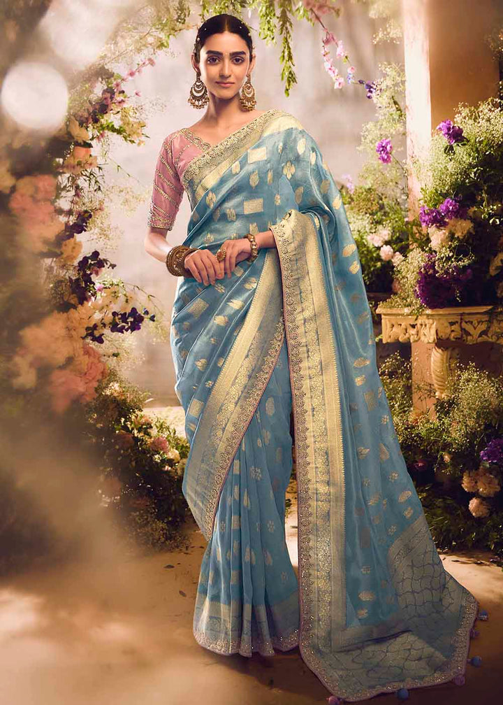 Buy Now Banarasi Silk Zari Tissue Blue Festive Wear Saree Online in Canada, UK, France, Germany, UAE, USA & Worldwide at Empress Clothing. 