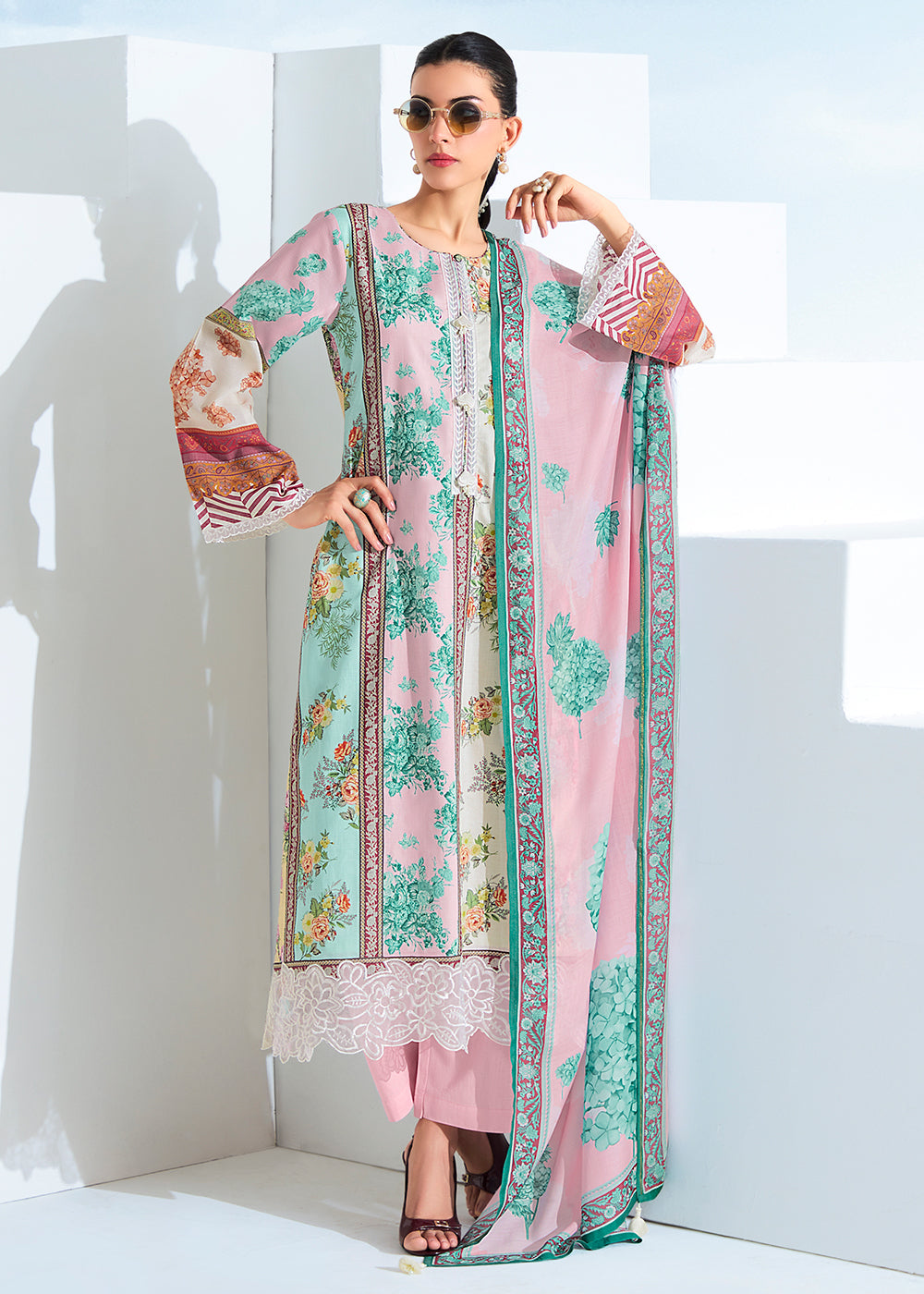 Buy Now Pink Multicolor Digital Printed Festive Pant Style Suit Online in USA, UK, Canada, Germany, Italy, France, Austria & Worldwide at Empress Clothing.