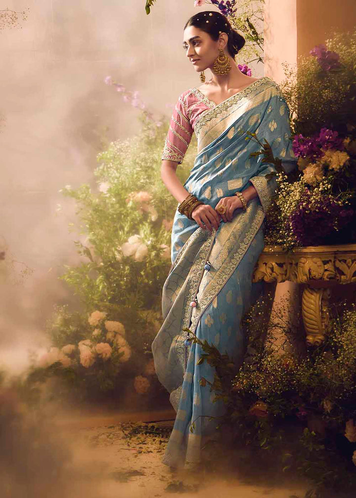 Buy Now Banarasi Silk Zari Tissue Blue Festive Wear Saree Online in Canada, UK, France, Germany, UAE, USA & Worldwide at Empress Clothing. 