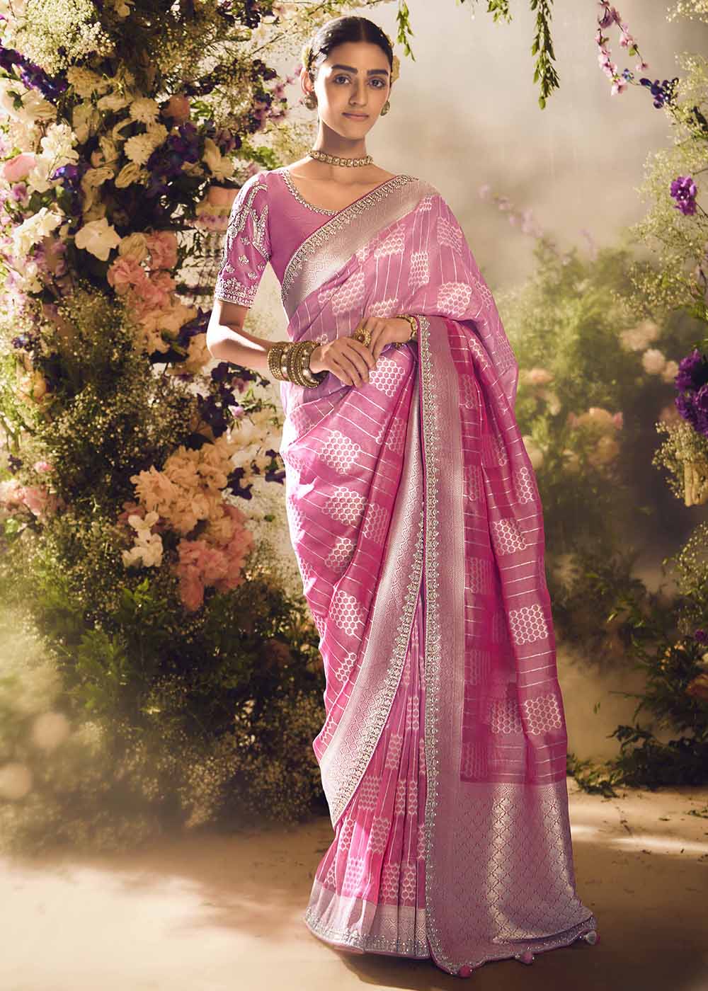 Buy Now Banarasi Silk Zari Tissue Pink Festive Wear Saree Online in Canada, UK, France, Germany, UAE, USA & Worldwide at Empress Clothing.