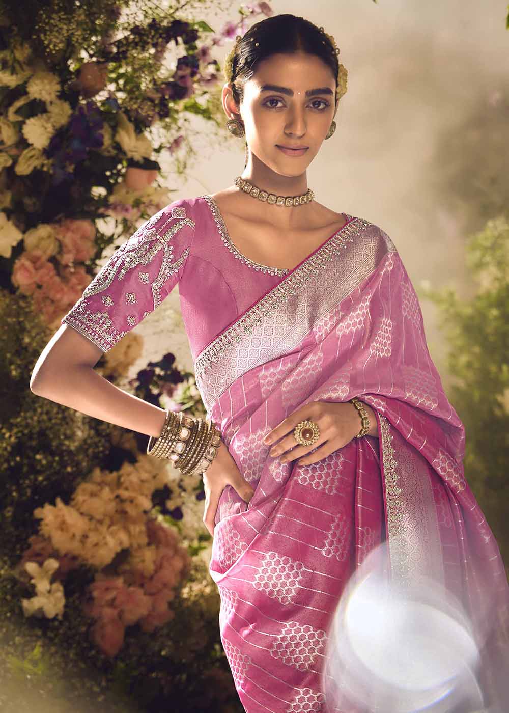 Buy Now Banarasi Silk Zari Tissue Pink Festive Wear Saree Online in Canada, UK, France, Germany, UAE, USA & Worldwide at Empress Clothing.