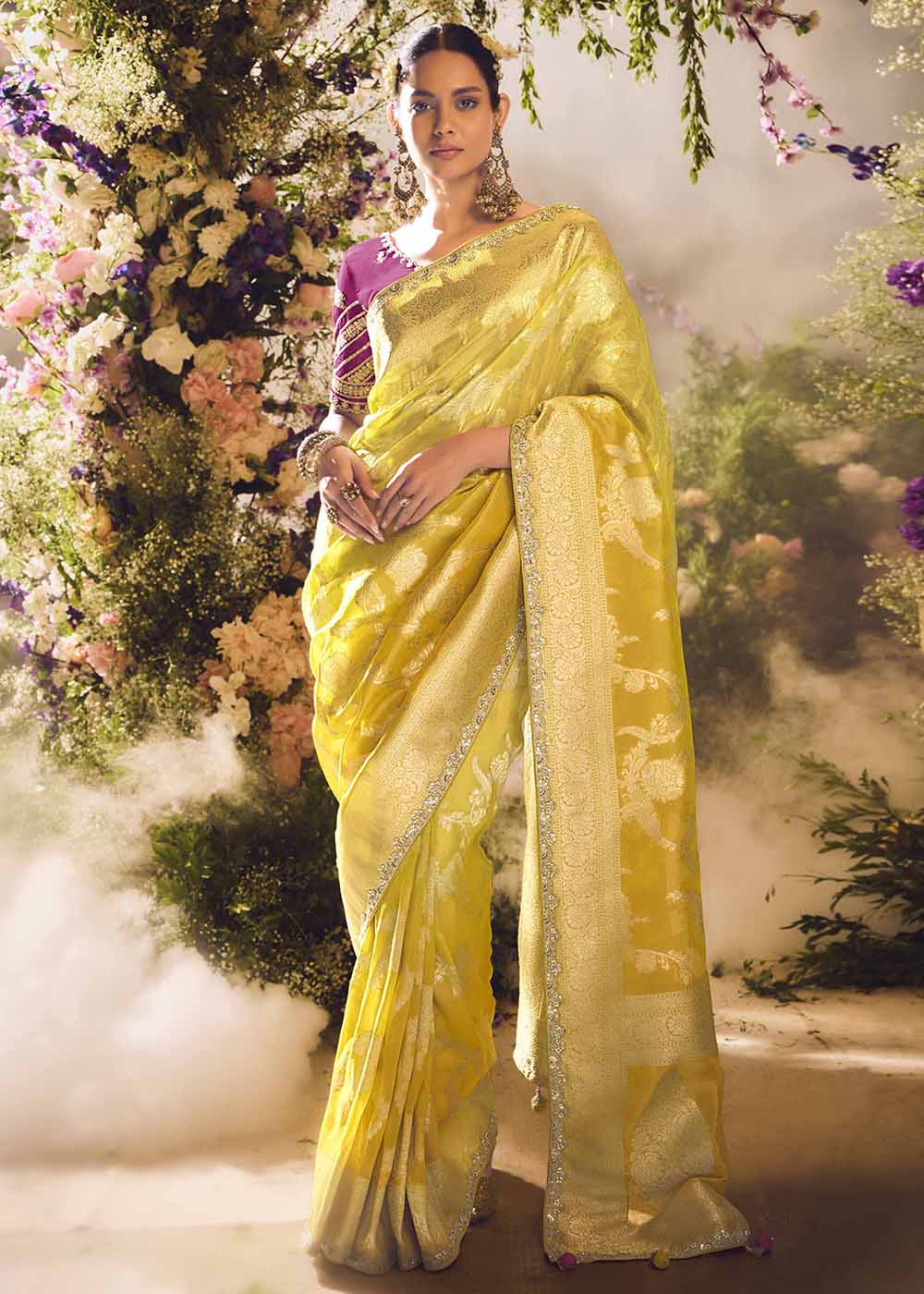 Buy Now Banarasi Silk Zari Tissue Yellow Festive Wear Saree Online in Canada, UK, France, Germany, UAE, USA & Worldwide at Empress Clothing. 