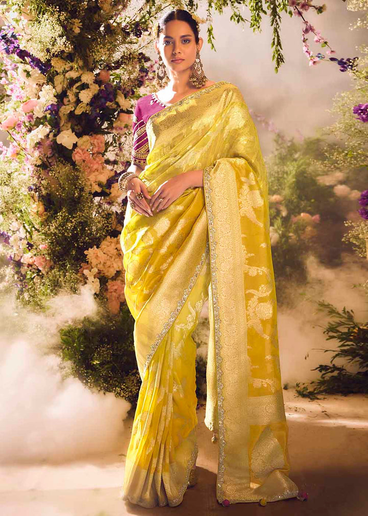 Buy Now Banarasi Silk Zari Tissue Yellow Festive Wear Saree Online in Canada, UK, France, Germany, UAE, USA & Worldwide at Empress Clothing. 