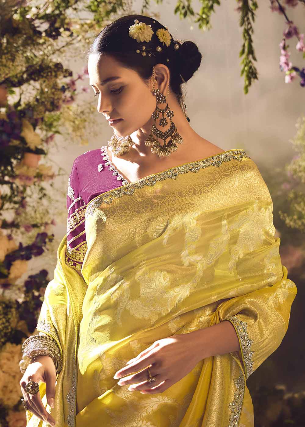 Buy Now Banarasi Silk Zari Tissue Yellow Festive Wear Saree Online in Canada, UK, France, Germany, UAE, USA & Worldwide at Empress Clothing. 