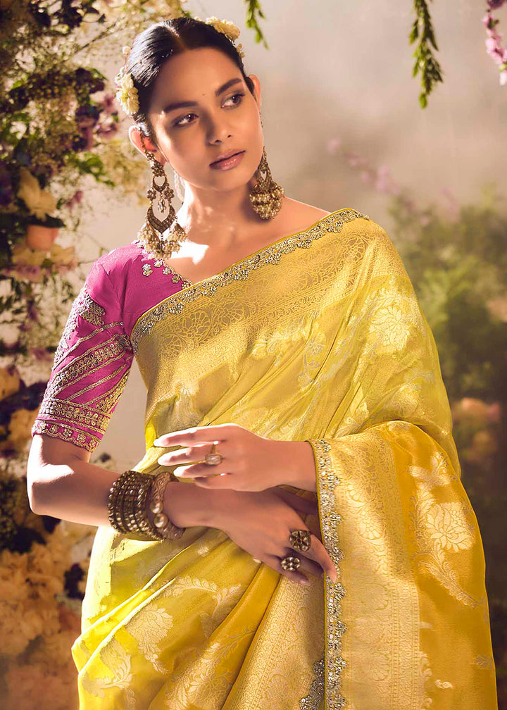 Buy Now Banarasi Silk Zari Tissue Yellow Festive Wear Saree Online in Canada, UK, France, Germany, UAE, USA & Worldwide at Empress Clothing. 