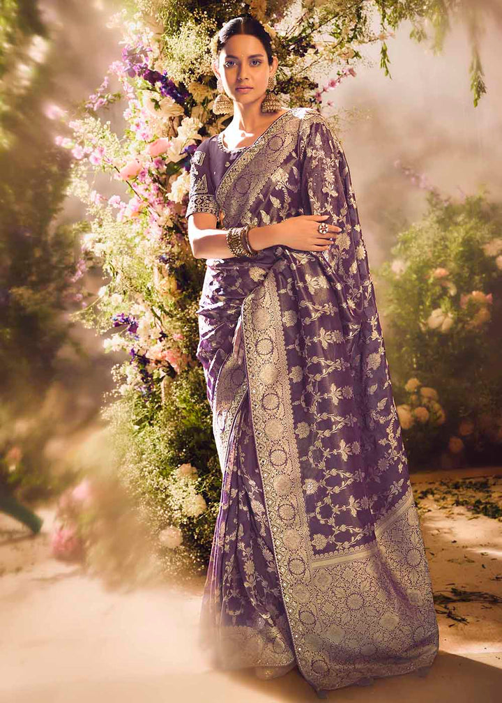 Buy Now Banarasi Silk Zari Tissue Purple Festive Wear Saree Online in Canada, UK, France, Germany, UAE, USA & Worldwide at Empress Clothing.