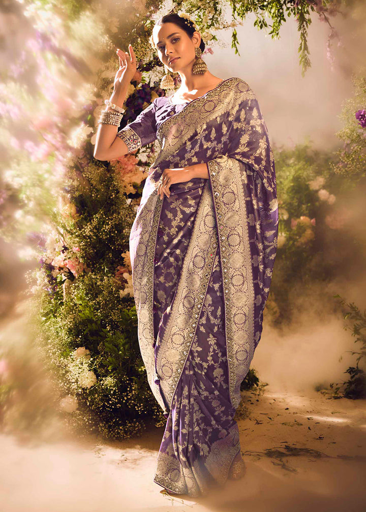 Buy Now Banarasi Silk Zari Tissue Purple Festive Wear Saree Online in Canada, UK, France, Germany, UAE, USA & Worldwide at Empress Clothing.