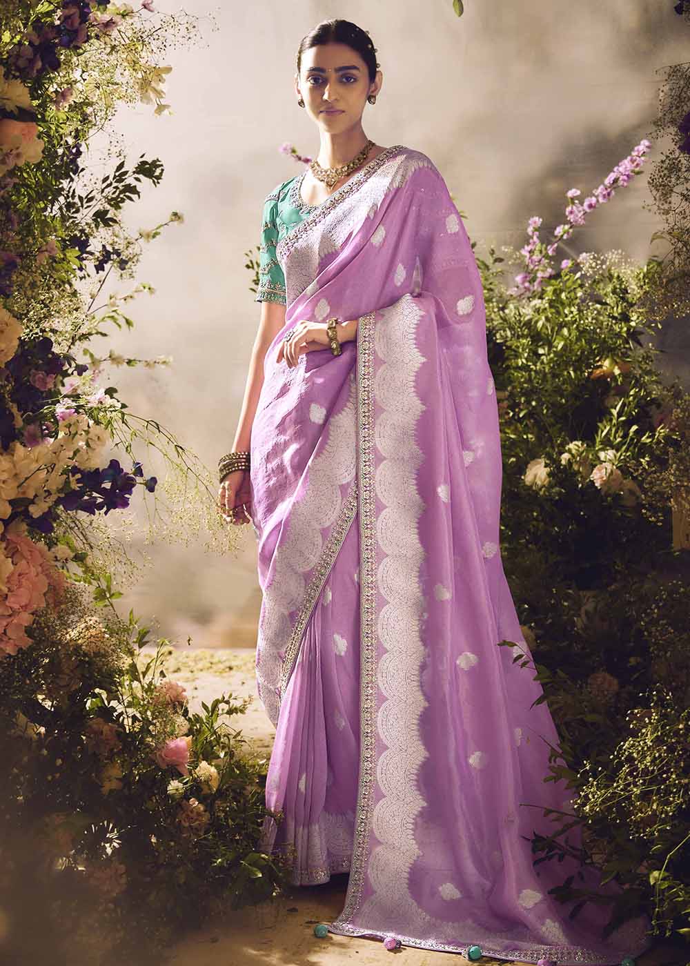 Buy Now Banarasi Silk Zari Tissue Lilac Pink Festive Wear Saree Online in Canada, UK, France, Germany, UAE, USA & Worldwide at Empress Clothing. 