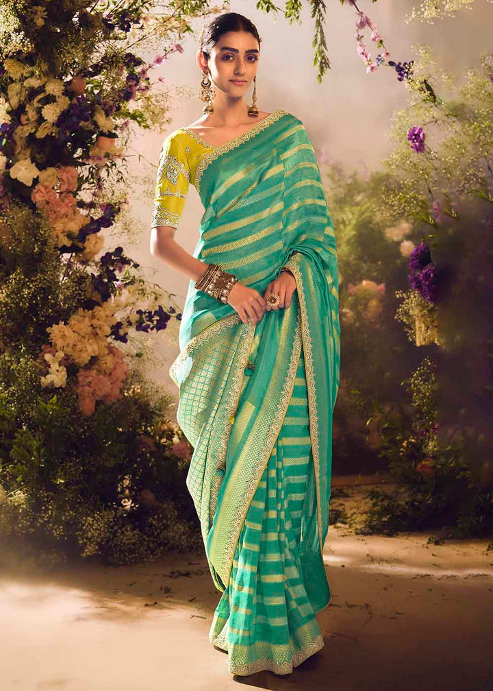 Buy Now Banarasi Silk Zari Tissue Turquoise Festive Wear Saree Online in Canada, UK, France, Germany, UAE, USA & Worldwide at Empress Clothing.