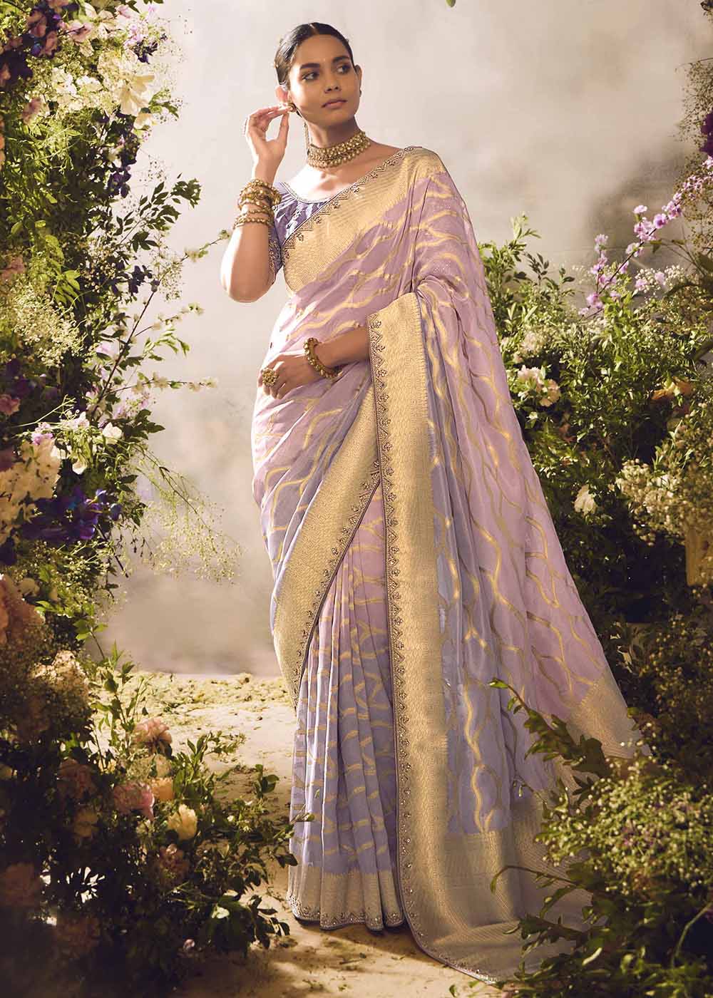 Buy Now Banarasi Silk Zari Tissue Lavender Festive Wear Saree Online in Canada, UK, France, Germany, UAE, USA & Worldwide at Empress Clothing. 