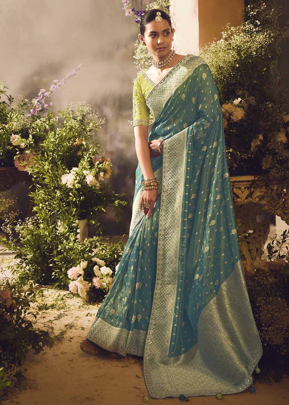 Buy Now Banarasi Silk Zari Tissue Teal Green Festive Wear Saree Online in Canada, UK, France, Germany, UAE, USA & Worldwide at Empress Clothing.