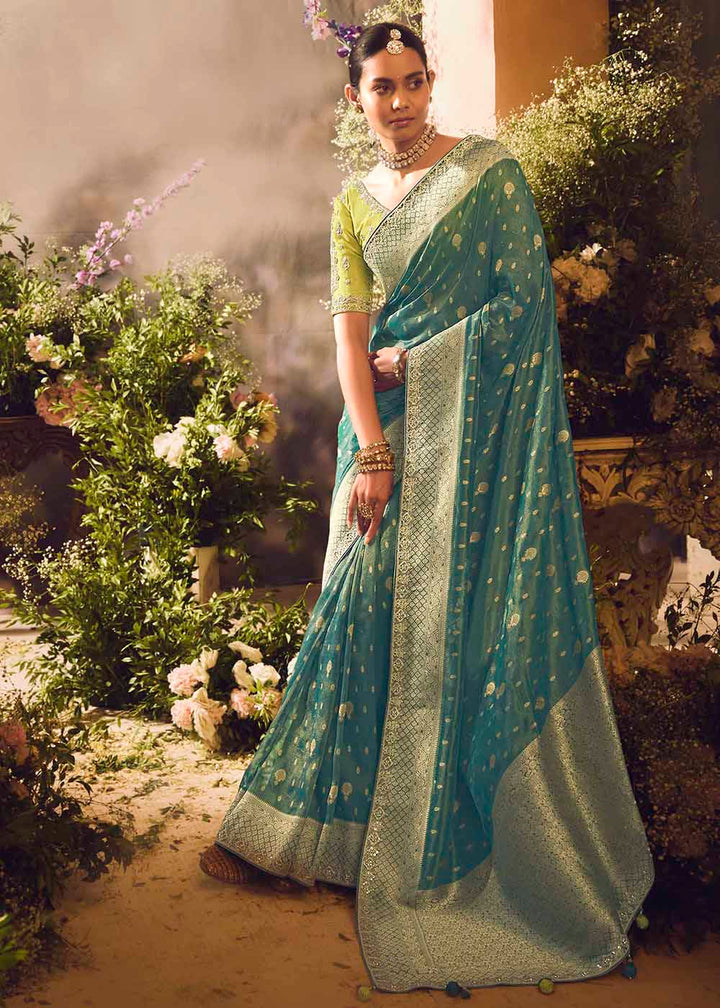 Buy Now Banarasi Silk Zari Tissue Teal Green Festive Wear Saree Online in Canada, UK, France, Germany, UAE, USA & Worldwide at Empress Clothing.