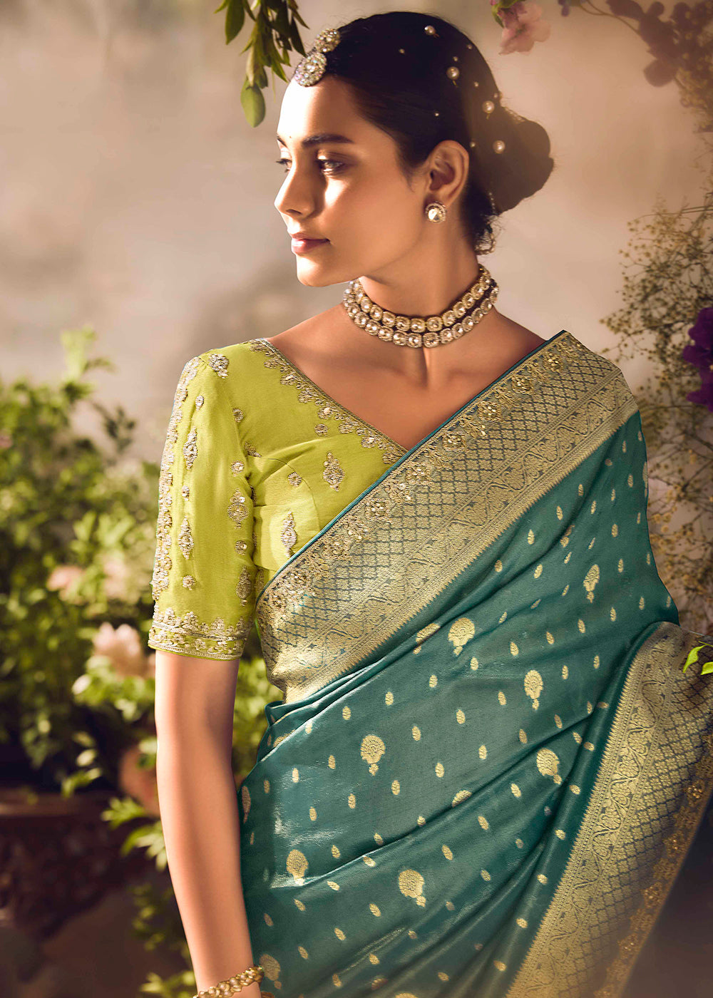 Buy Now Banarasi Silk Zari Tissue Teal Green Festive Wear Saree Online in Canada, UK, France, Germany, UAE, USA & Worldwide at Empress Clothing.