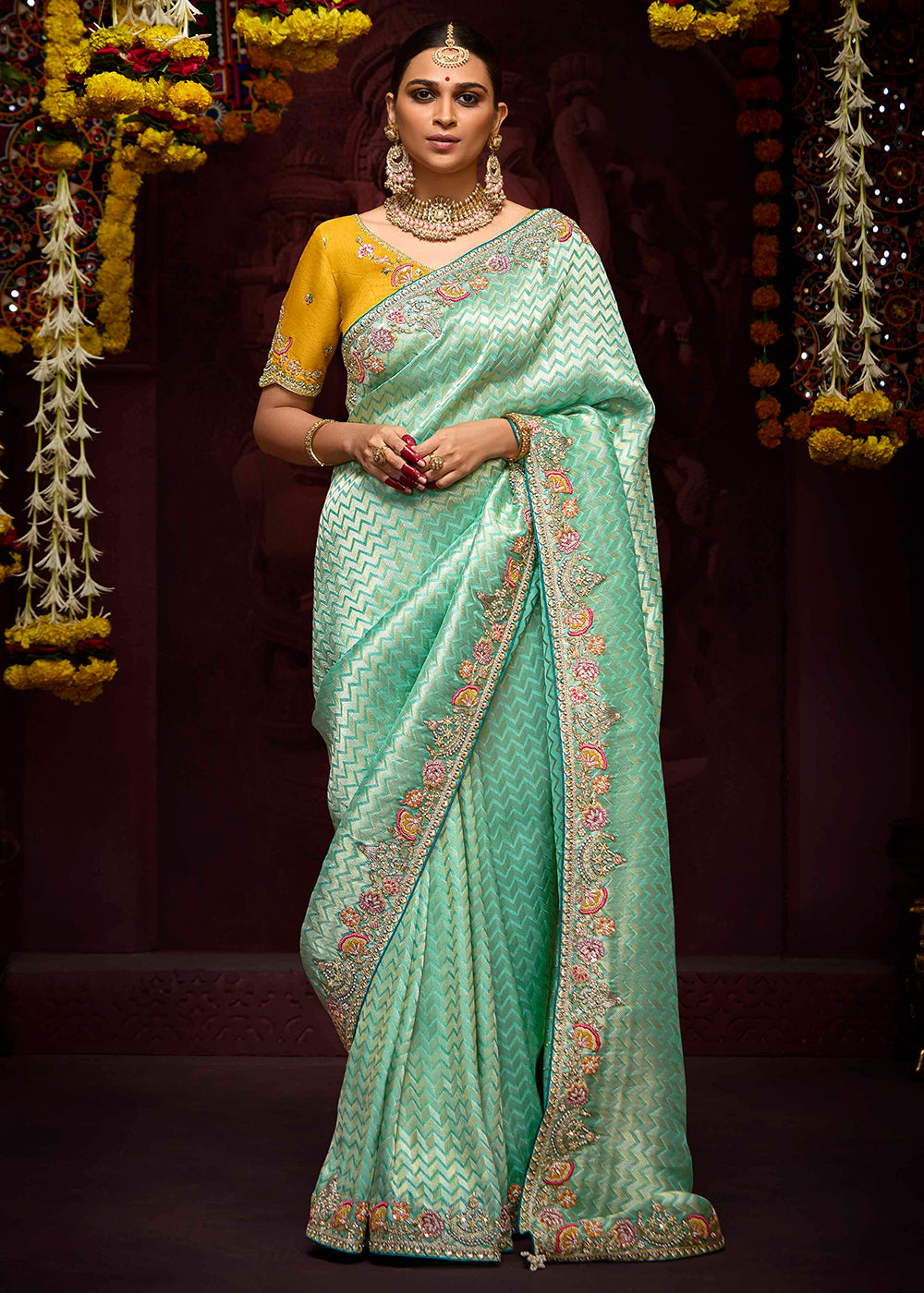 Buy Now Sea Green Kanjivaram Silk Embroidered Designer Saree Online in Canada, UK, France, Germany, UAE, USA & Worldwide at Empress Clothing. 