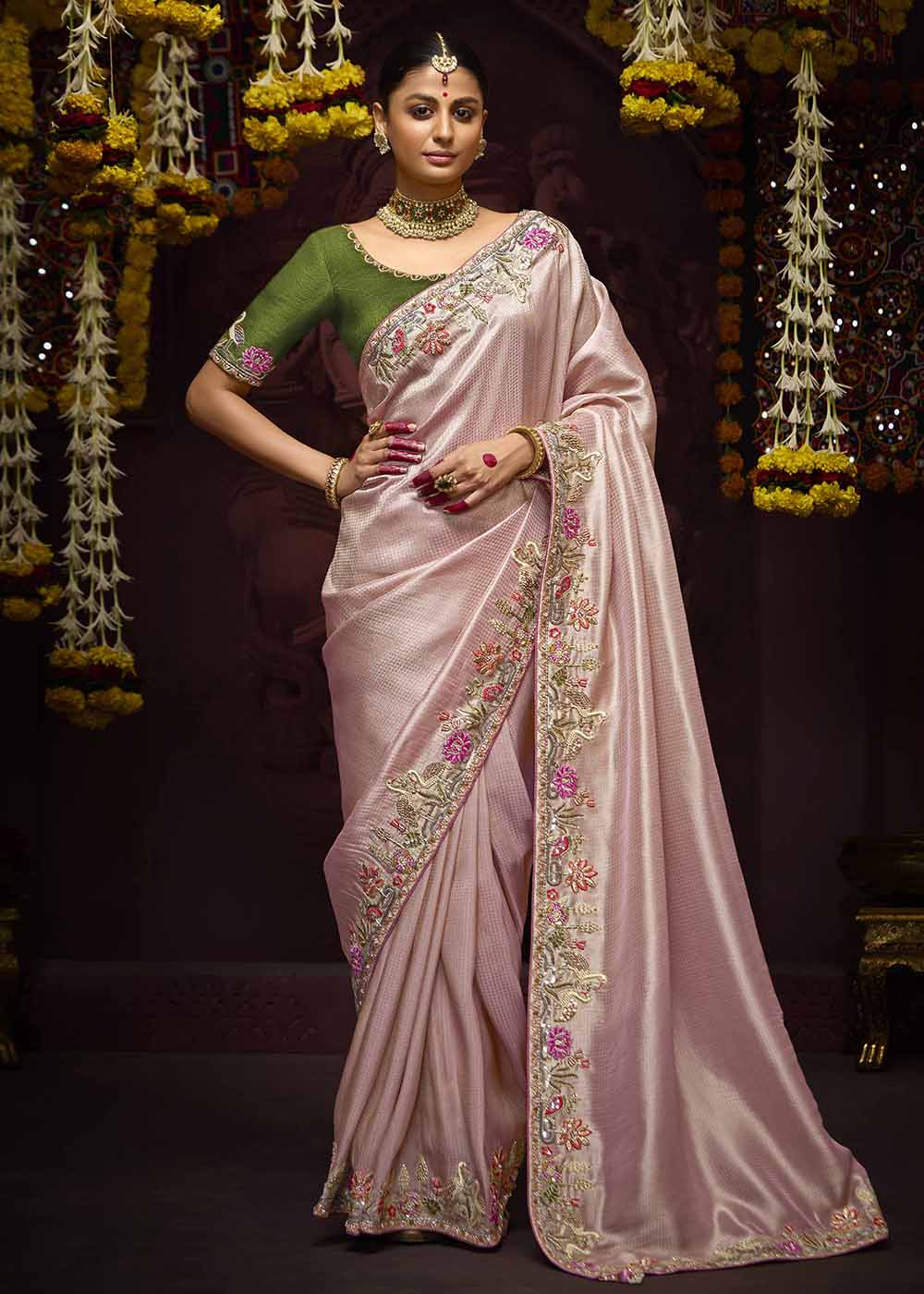 Buy Now Pink Kanjivaram Silk Embroidered Designer Saree Online in Canada, UK, France, Germany, UAE, USA & Worldwide at Empress Clothing.