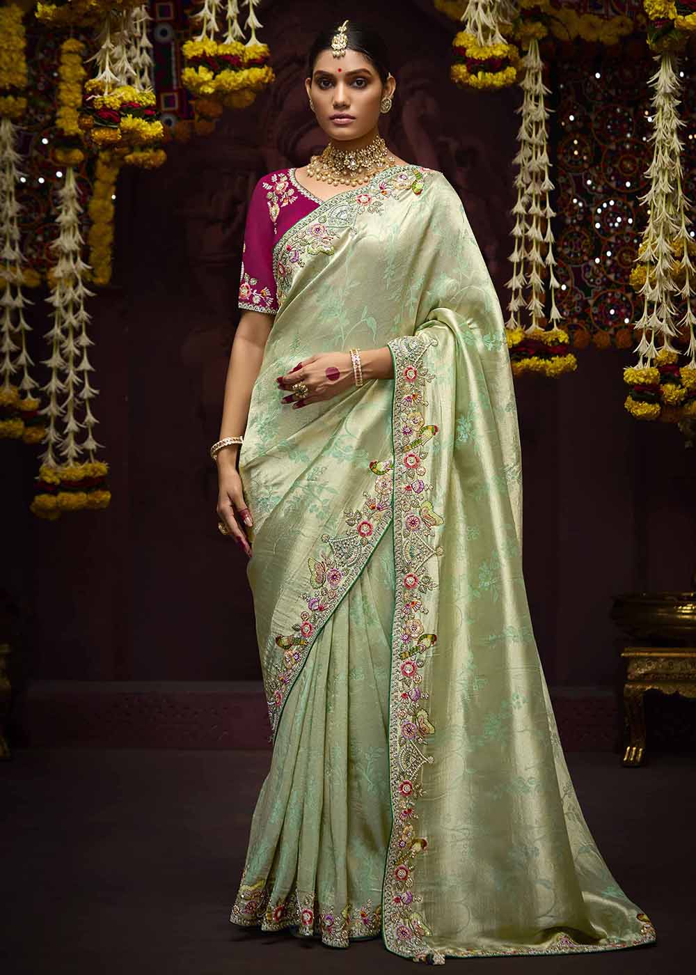 Buy Now Light Green Kanjivaram Silk Embroidered Designer Saree Online in Canada, UK, France, Germany, UAE, USA & Worldwide at Empress Clothing. 