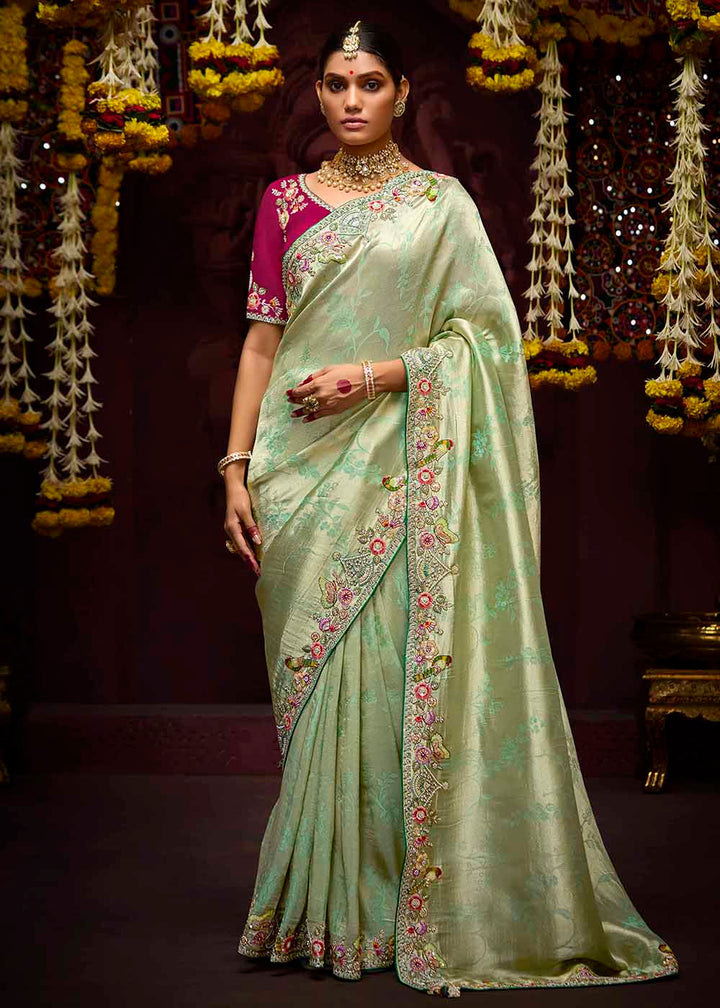 Buy Now Light Green Kanjivaram Silk Embroidered Designer Saree Online in Canada, UK, France, Germany, UAE, USA & Worldwide at Empress Clothing. 