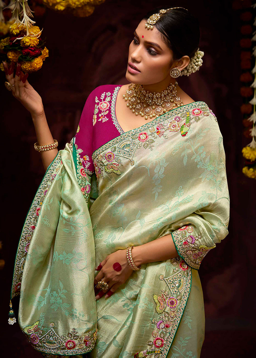 Buy Now Light Green Kanjivaram Silk Embroidered Designer Saree Online in Canada, UK, France, Germany, UAE, USA & Worldwide at Empress Clothing. 