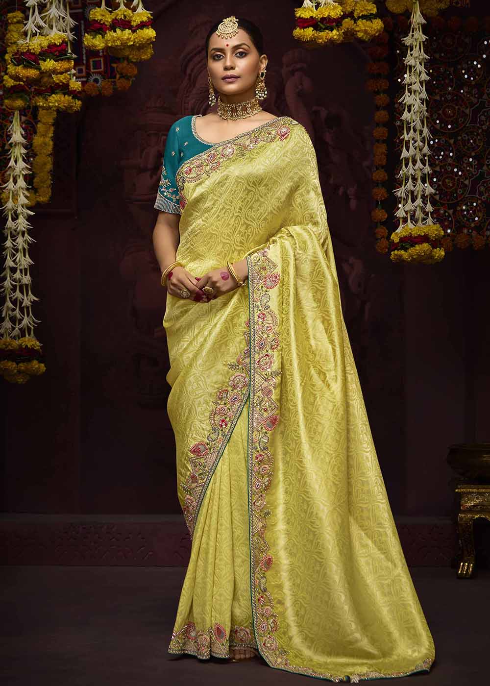 Buy Now Yellow Kanjivaram Silk Embroidered Designer Saree Online in Canada, UK, France, Germany, UAE, USA & Worldwide at Empress Clothing. 