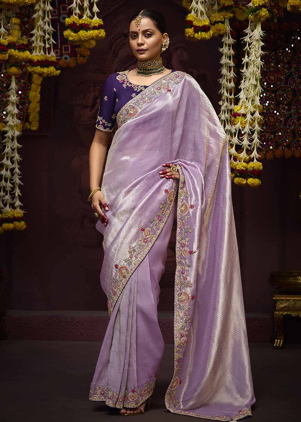 Buy Now Lavender Kanjivaram Silk Embroidered Designer Saree Online in Canada, UK, France, Germany, UAE, USA & Worldwide at Empress Clothing.