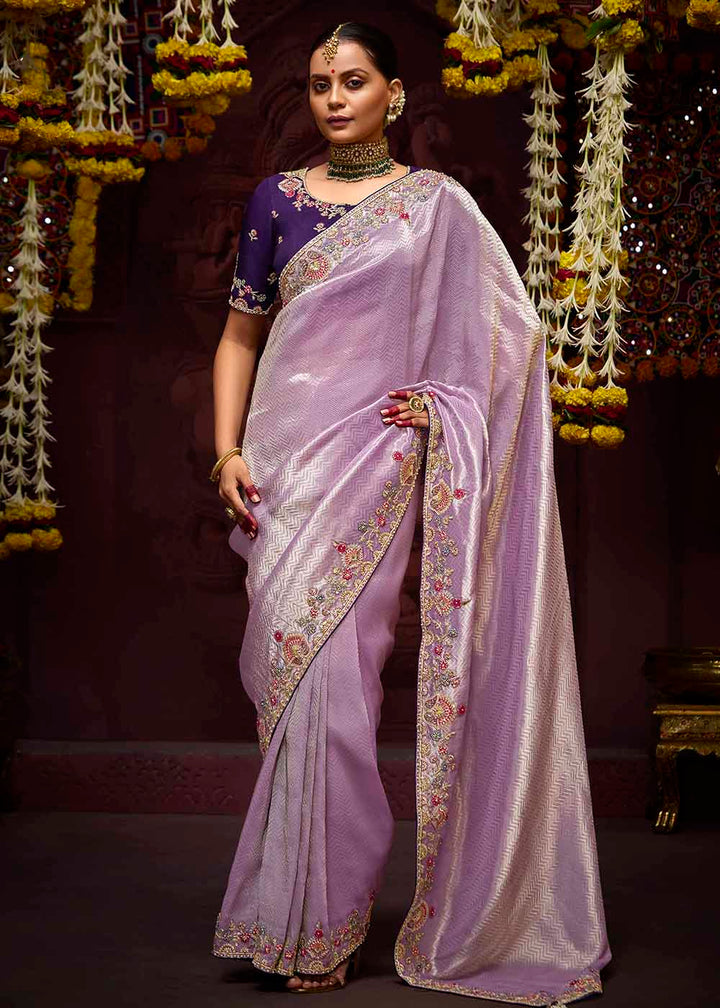 Buy Now Lavender Kanjivaram Silk Embroidered Designer Saree Online in Canada, UK, France, Germany, UAE, USA & Worldwide at Empress Clothing.