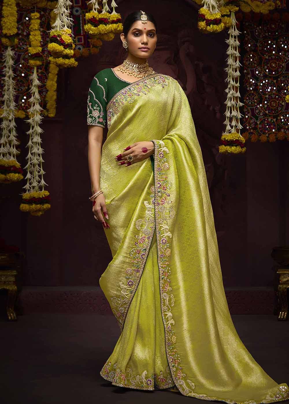 Buy Now Green Kanjivaram Silk Embroidered Designer Saree Online in Canada, UK, France, Germany, UAE, USA & Worldwide at Empress Clothing.