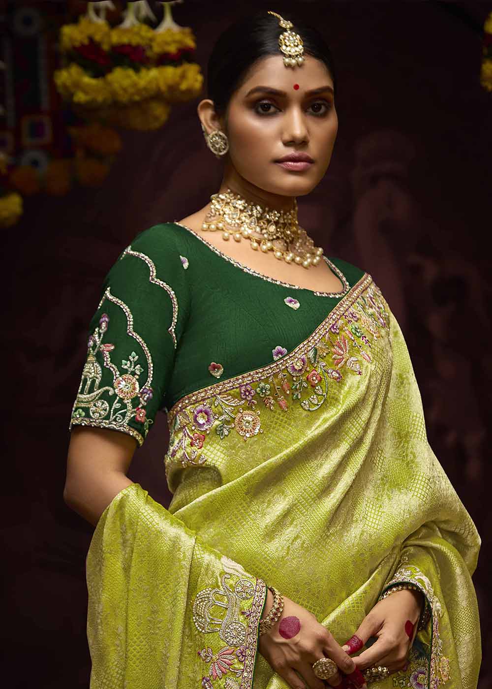 Buy Now Green Kanjivaram Silk Embroidered Designer Saree Online in Canada, UK, France, Germany, UAE, USA & Worldwide at Empress Clothing.