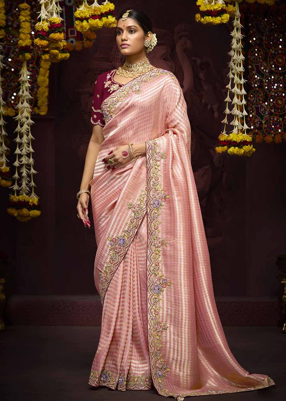 Buy Now Light Pink Kanjivaram Silk Embroidered Designer Saree Online in Canada, UK, France, Germany, UAE, USA & Worldwide at Empress Clothing.