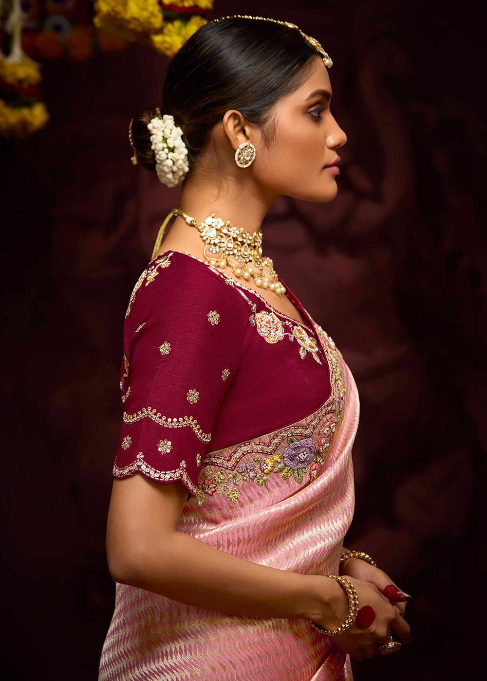 Buy Now Light Pink Kanjivaram Silk Embroidered Designer Saree Online in Canada, UK, France, Germany, UAE, USA & Worldwide at Empress Clothing.