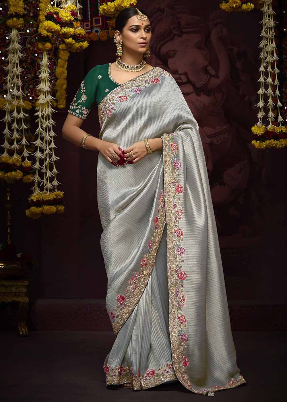 Buy Now Grey Kanjivaram Silk Embroidered Designer Saree Online in Canada, UK, France, Germany, UAE, USA & Worldwide at Empress Clothing.