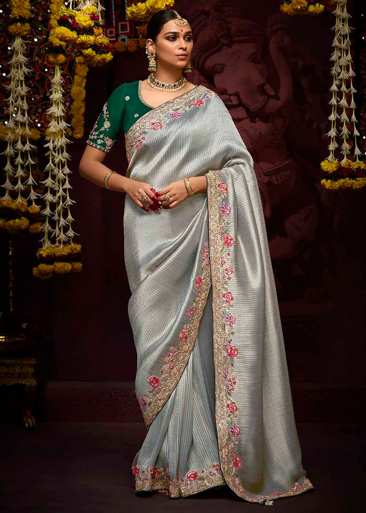 Buy Now Grey Kanjivaram Silk Embroidered Designer Saree Online in Canada, UK, France, Germany, UAE, USA & Worldwide at Empress Clothing.