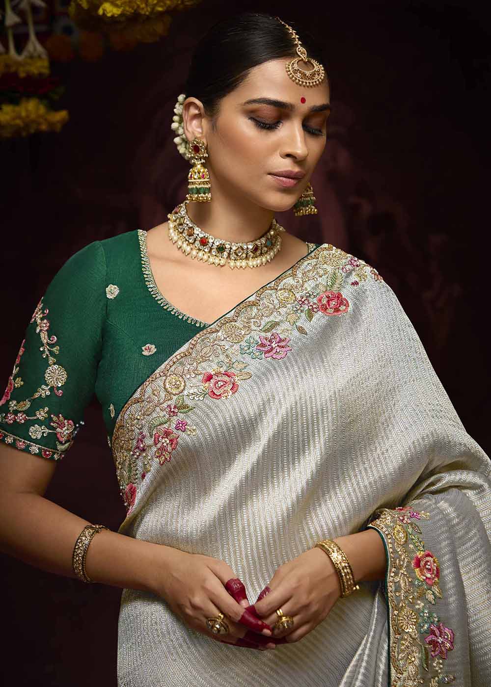 Buy Now Grey Kanjivaram Silk Embroidered Designer Saree Online in Canada, UK, France, Germany, UAE, USA & Worldwide at Empress Clothing.