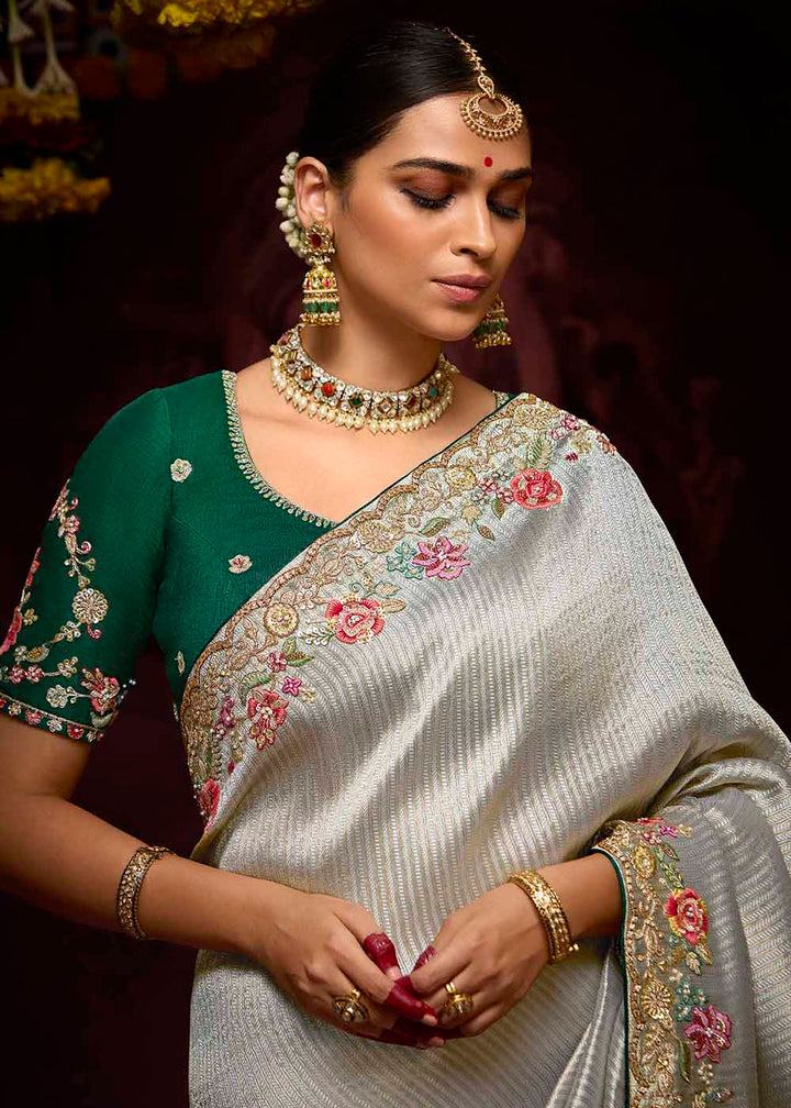 Buy Now Grey Kanjivaram Silk Embroidered Designer Saree Online in Canada, UK, France, Germany, UAE, USA & Worldwide at Empress Clothing.