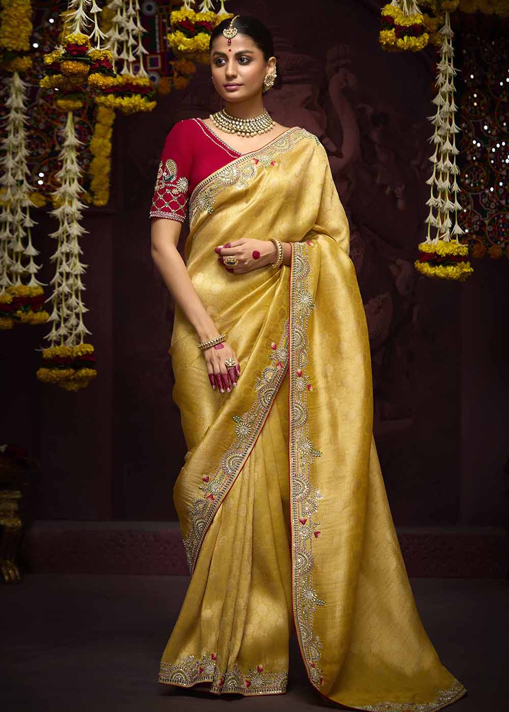 Buy Now Mustard Kanjivaram Silk Embroidered Designer Saree Online in Canada, UK, France, Germany, UAE, USA & Worldwide at Empress Clothing.