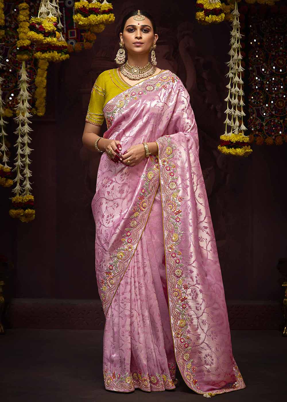 Buy Now Pink Kanjivaram Silk Embroidered Designer Saree Online in Canada, UK, France, Germany, UAE, USA & Worldwide at Empress Clothing.