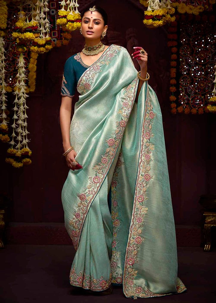 Buy Now Aqua Blue Kanjivaram Silk Embroidered Designer Saree Online in Canada, UK, France, Germany, UAE, USA & Worldwide at Empress Clothing.