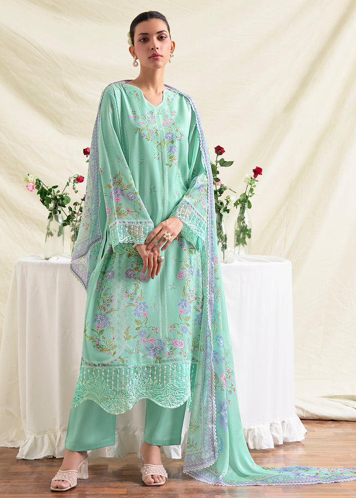 Buy Now Turquoise Resham Embroidery & Digital Printed Salwar Suit Online in US, UK, Canada, Germany, Italy, France, Australia & Worldwide at Empress Clothing.