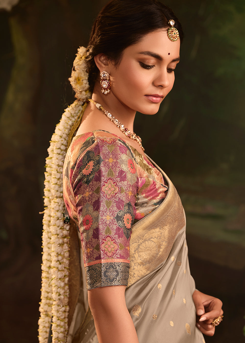 Buy Now Grey Pure Crepe Dola Silk Wedding Festive Saree Online in Canada, UK, France, Germany, USA & Worldwide at Empress Clothing. 