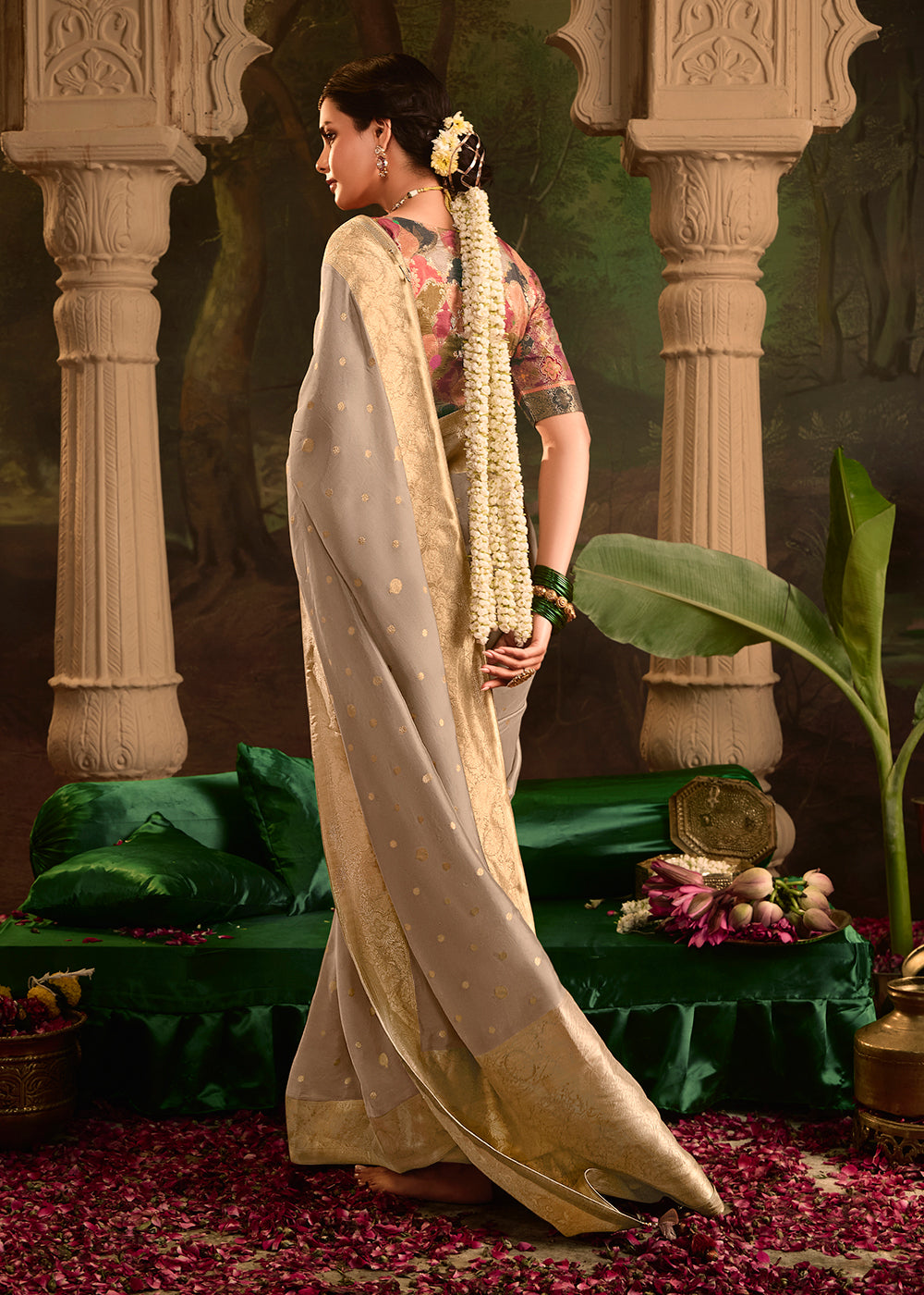 Buy Now Grey Pure Crepe Dola Silk Wedding Festive Saree Online in Canada, UK, France, Germany, USA & Worldwide at Empress Clothing. 