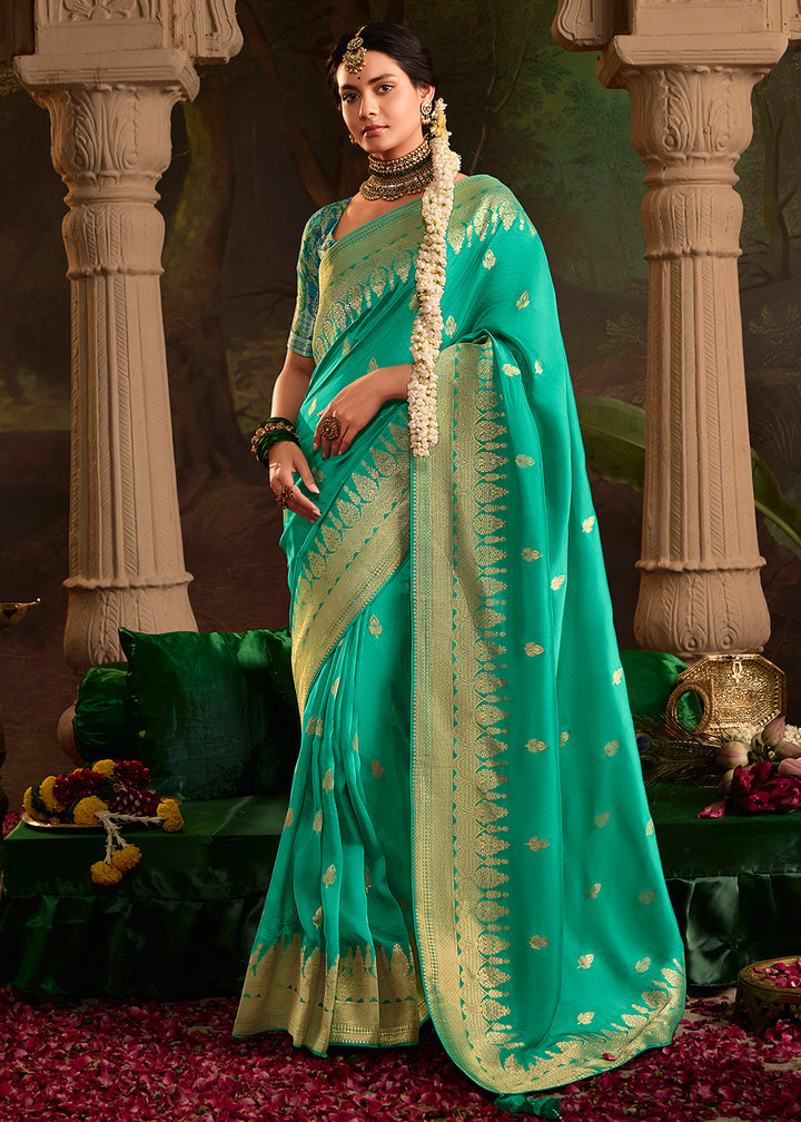 Buy Now Turquoise Pure Crepe Dola Silk Wedding Festive Saree Online in Canada, UK, France, Germany, USA & Worldwide at Empress Clothing. 