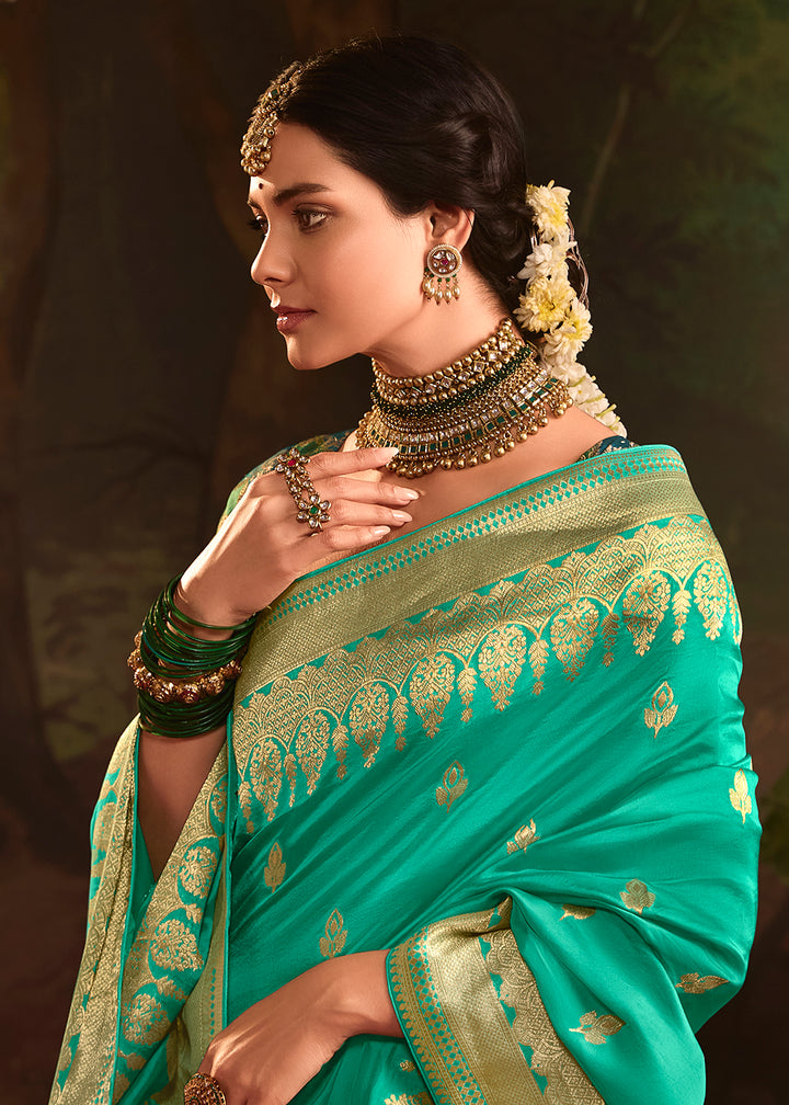 Buy Now Turquoise Pure Crepe Dola Silk Wedding Festive Saree Online in Canada, UK, France, Germany, USA & Worldwide at Empress Clothing. 