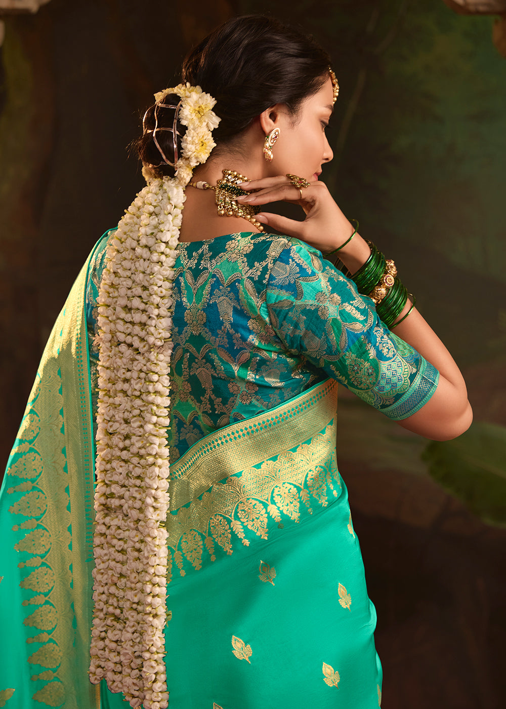 Buy Now Turquoise Pure Crepe Dola Silk Wedding Festive Saree Online in Canada, UK, France, Germany, USA & Worldwide at Empress Clothing. 